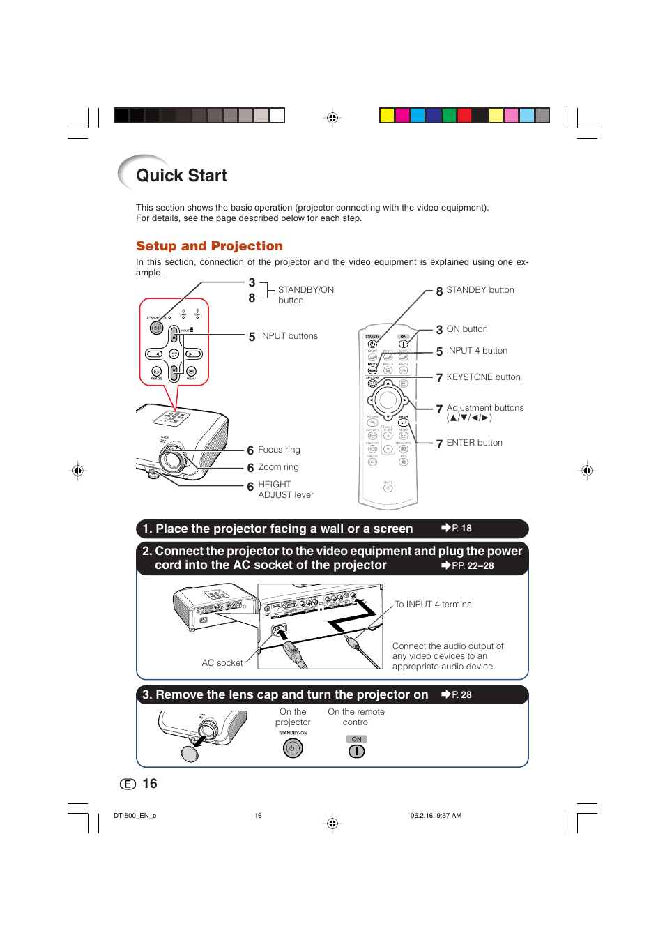 Quick start, Setup and projection | Sharp DT-500 User Manual | Page 17 / 66