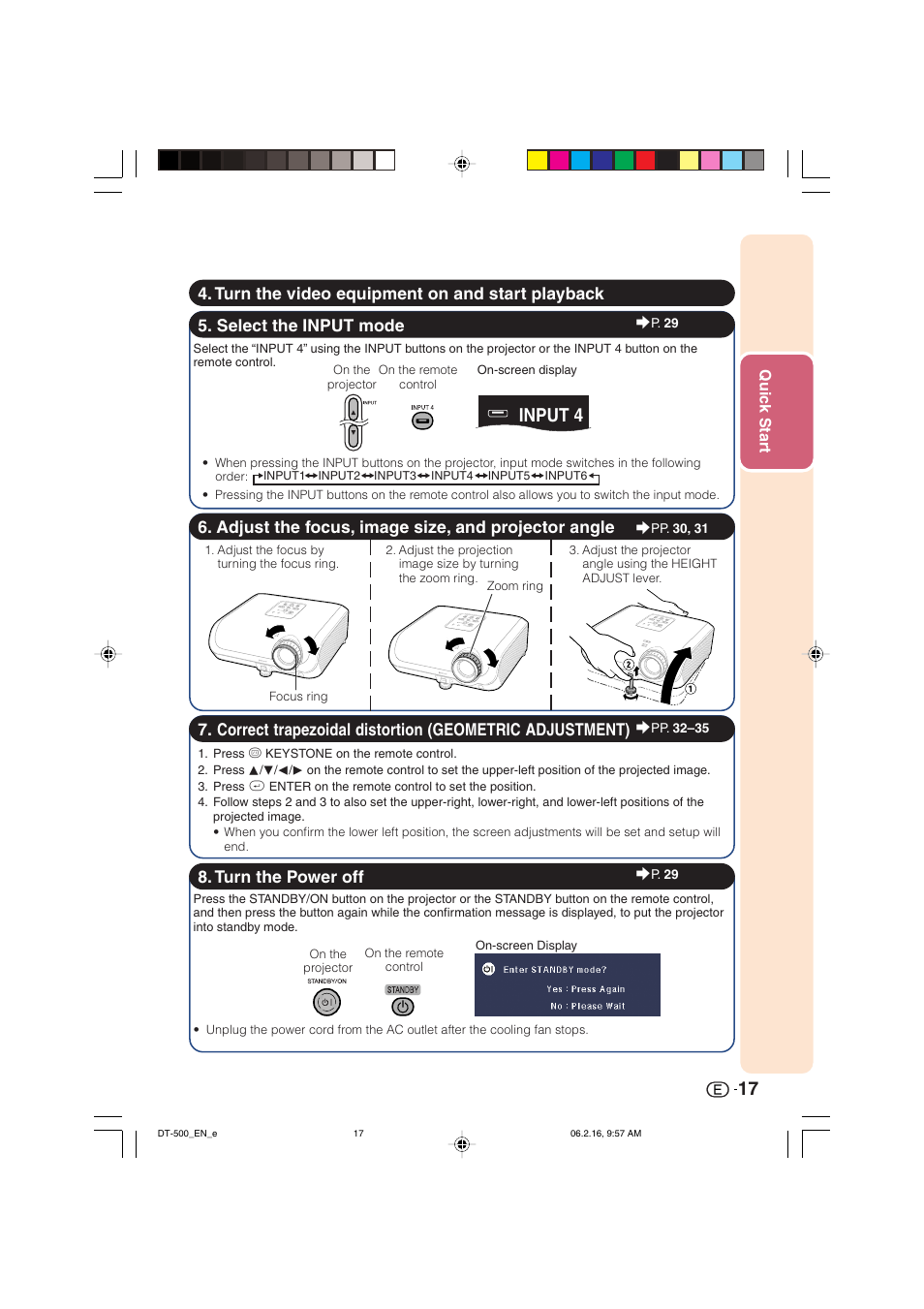 Input 4, Select the input mode, Adjust the focus, image size, and projector angle | Sharp DT-500 User Manual | Page 18 / 66