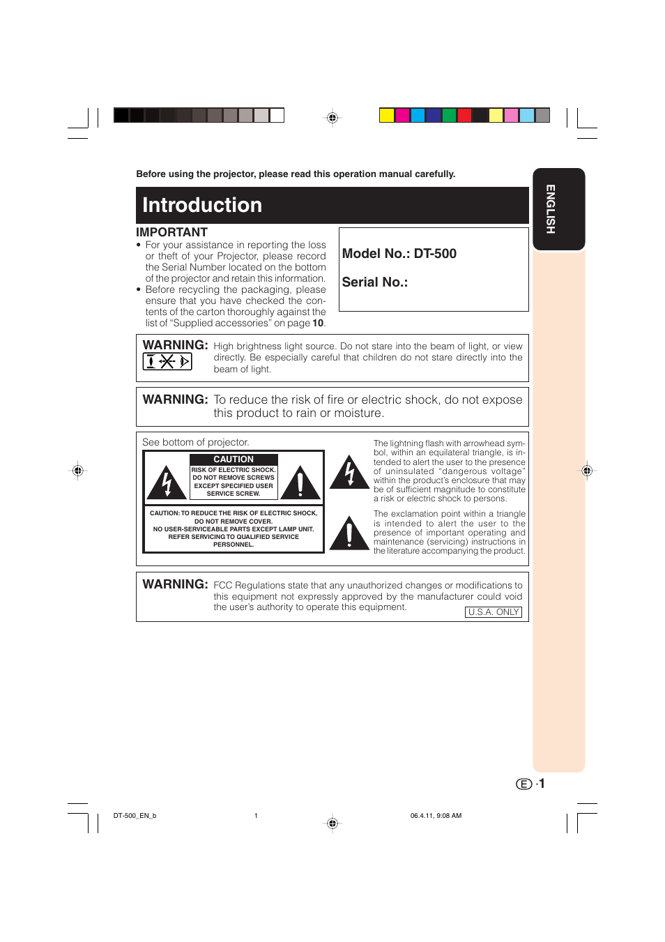 Introduction, Model no.: dt-500 serial no, Warning | Important | Sharp DT-500 User Manual | Page 2 / 66