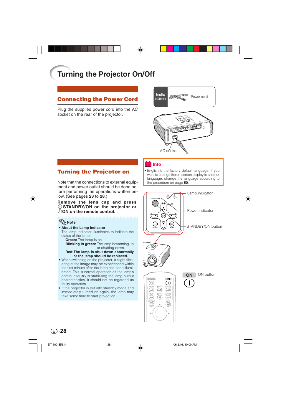 Turning the projector on/off, Turning the projector on, Connecting the power cord | Sharp DT-500 User Manual | Page 29 / 66