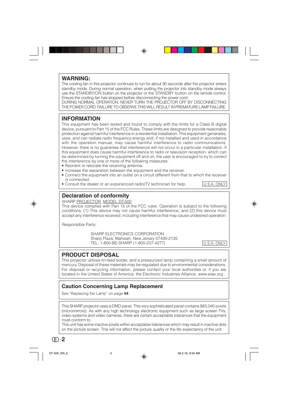 Warning, Product disposal, Information | Declaration of conformity | Sharp DT-500 User Manual | Page 3 / 66