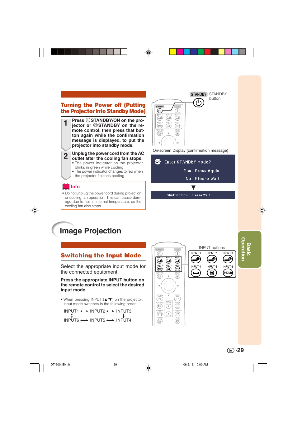 Image projection, Switching the input mode | Sharp DT-500 User Manual | Page 30 / 66