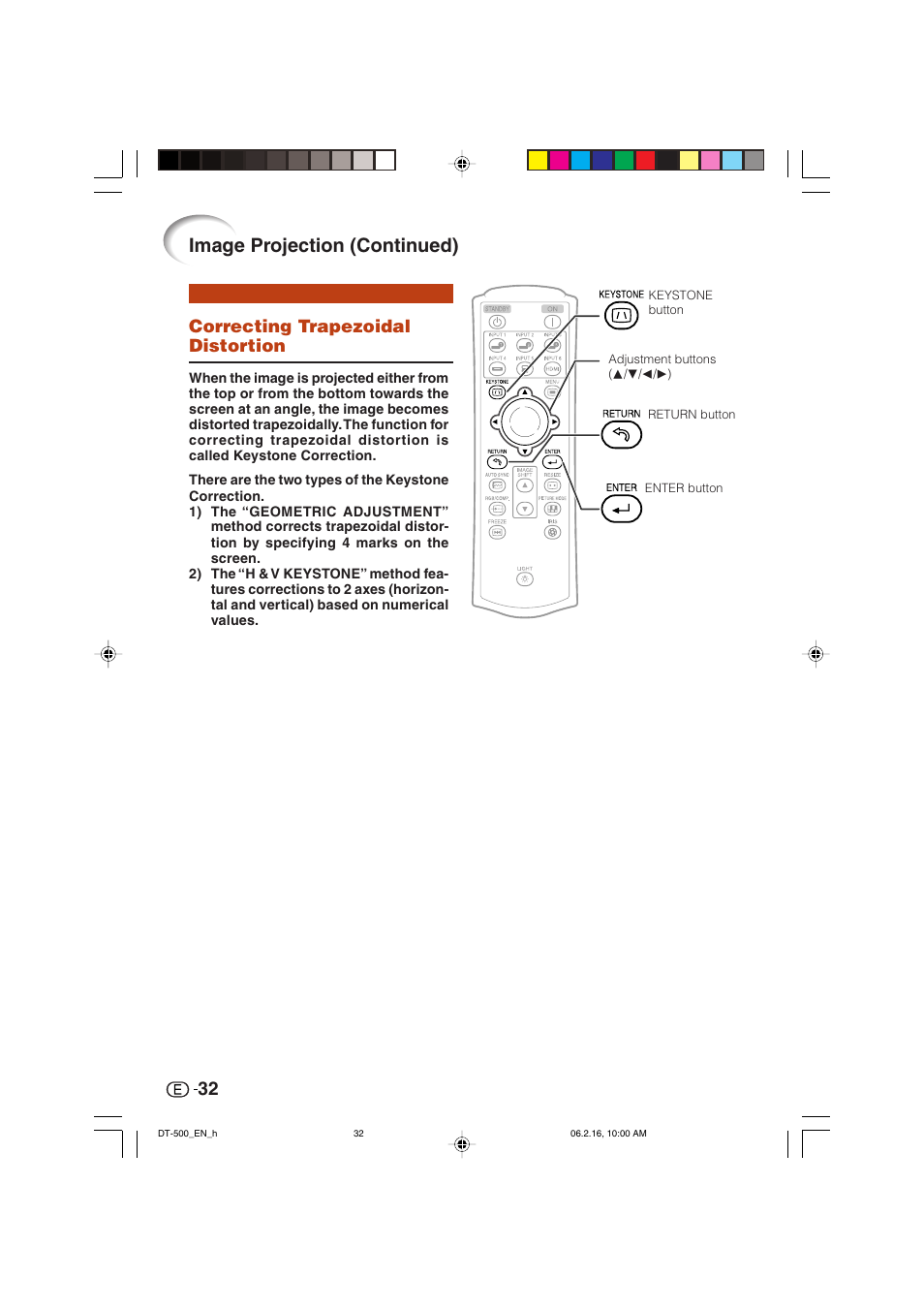 Image projection (continued), Correcting trapezoidal distortion | Sharp DT-500 User Manual | Page 33 / 66
