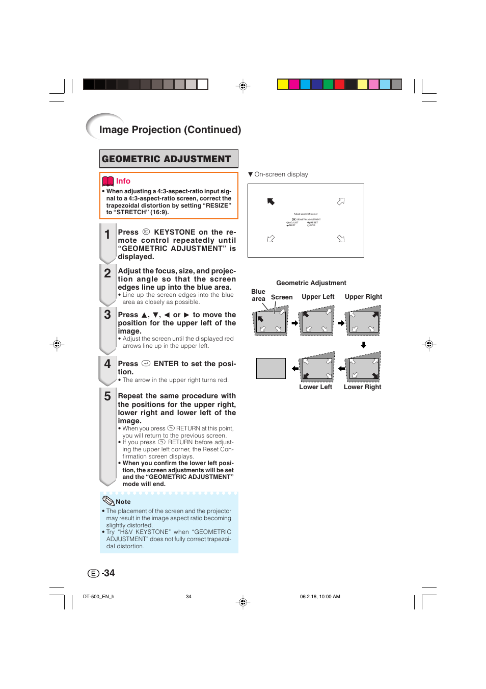 Image projection (continued), Geometric adjustment | Sharp DT-500 User Manual | Page 35 / 66