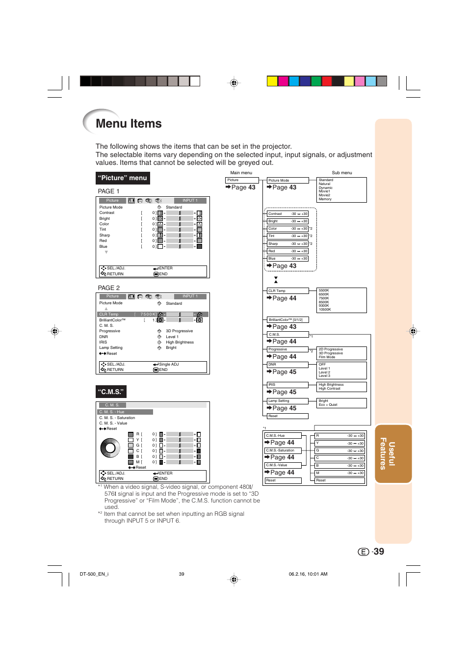 Menu items, Useful features, C.m.s | Picture” menu, Page 43, Page 44, Page 2 | Sharp DT-500 User Manual | Page 40 / 66