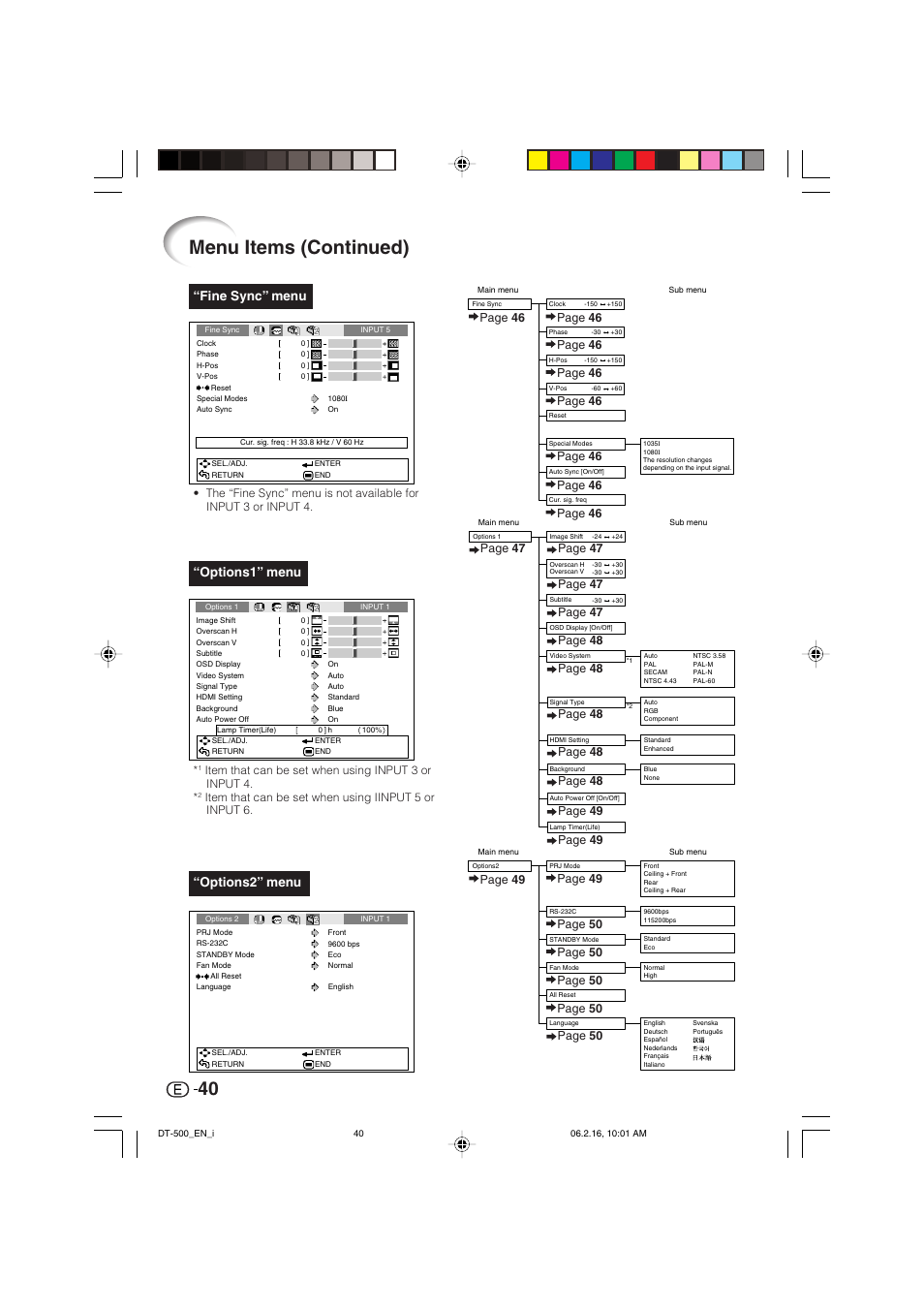 Menu items (continued), Fine sync” menu, Options2” menu | Options1” menu, Page 46, Page 47, Page 49, Page 48, Item that can be set when using input 3 or input 4, Page 49 page 50 | Sharp DT-500 User Manual | Page 41 / 66