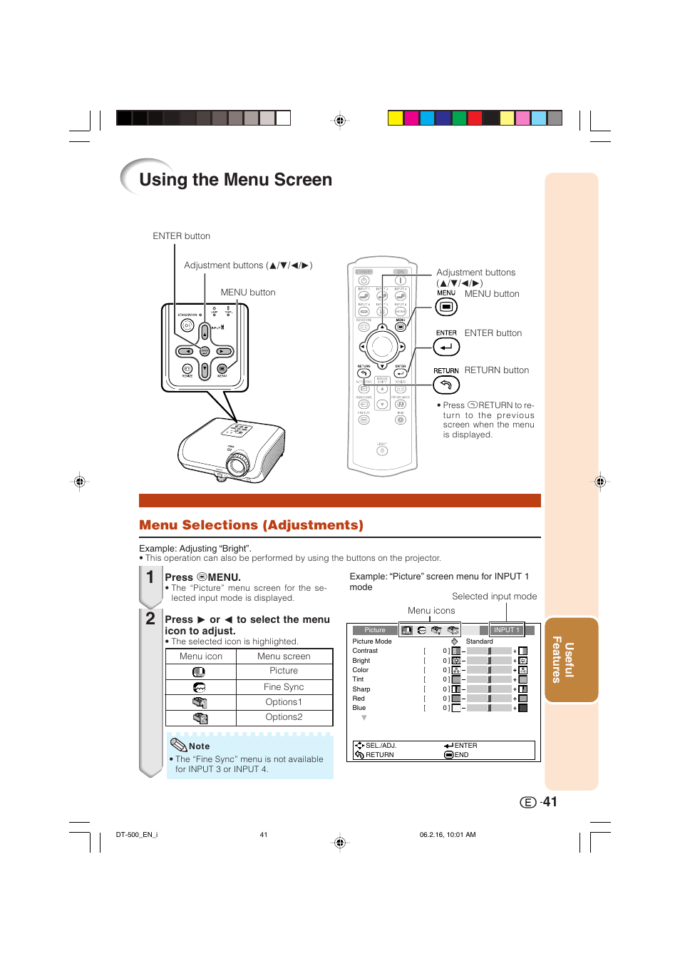 Using the menu screen, Menu selections (adjustments), Useful features | Sharp DT-500 User Manual | Page 42 / 66