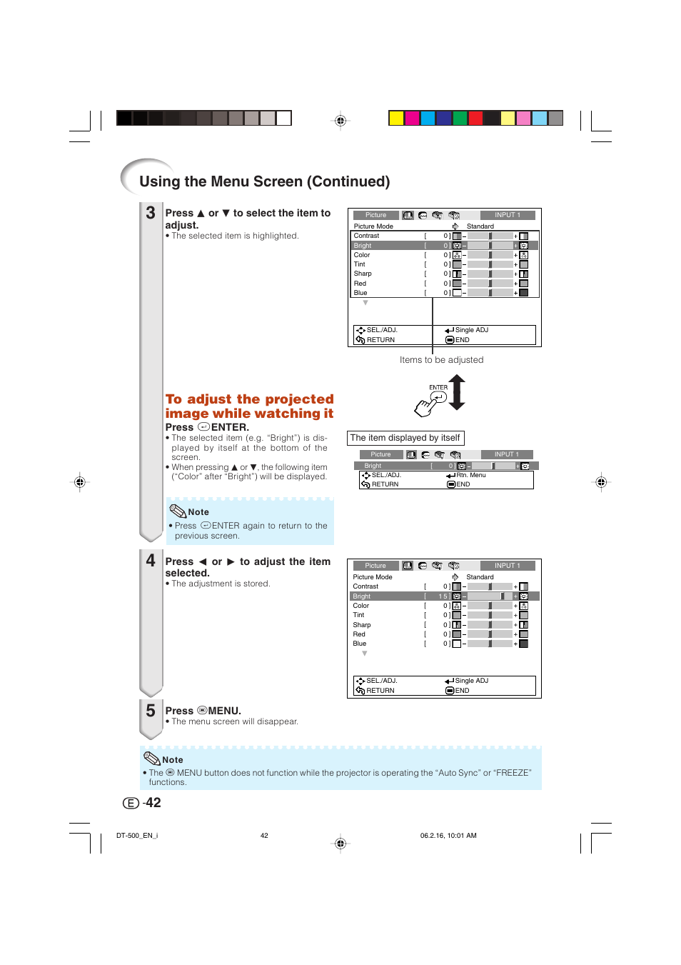 Using the menu screen (continued) | Sharp DT-500 User Manual | Page 43 / 66
