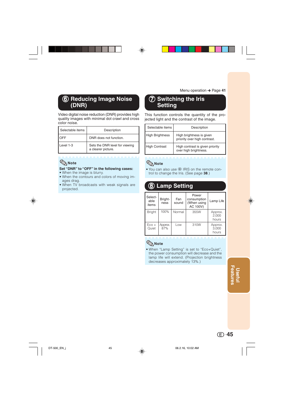 77 switching the iris setting, 88 lamp setting | Sharp DT-500 User Manual | Page 46 / 66
