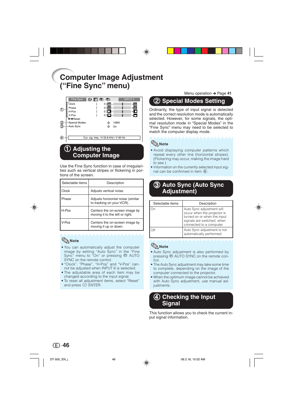 Computer image adjustment (“fine sync” menu), 11 adjusting the computer image, 22 special modes setting | 44 checking the input signal | Sharp DT-500 User Manual | Page 47 / 66