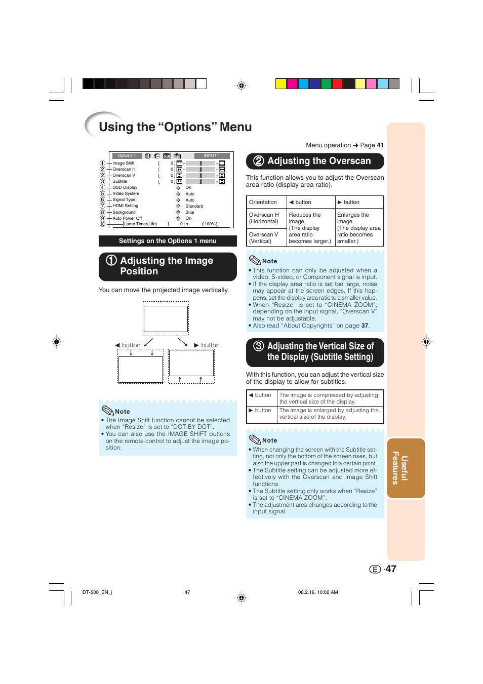 Using the “options” menu, 11 adjusting the image position, 22 adjusting the overscan | Useful features | Sharp DT-500 User Manual | Page 48 / 66