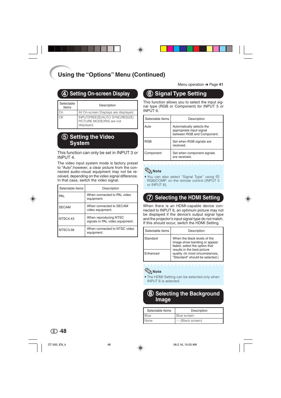 Using the “options” menu (continued), 66 signal type setting, 44 setting on-screen display | 88 selecting the background image, 77 selecting the hdmi setting, 55 setting the video system | Sharp DT-500 User Manual | Page 49 / 66
