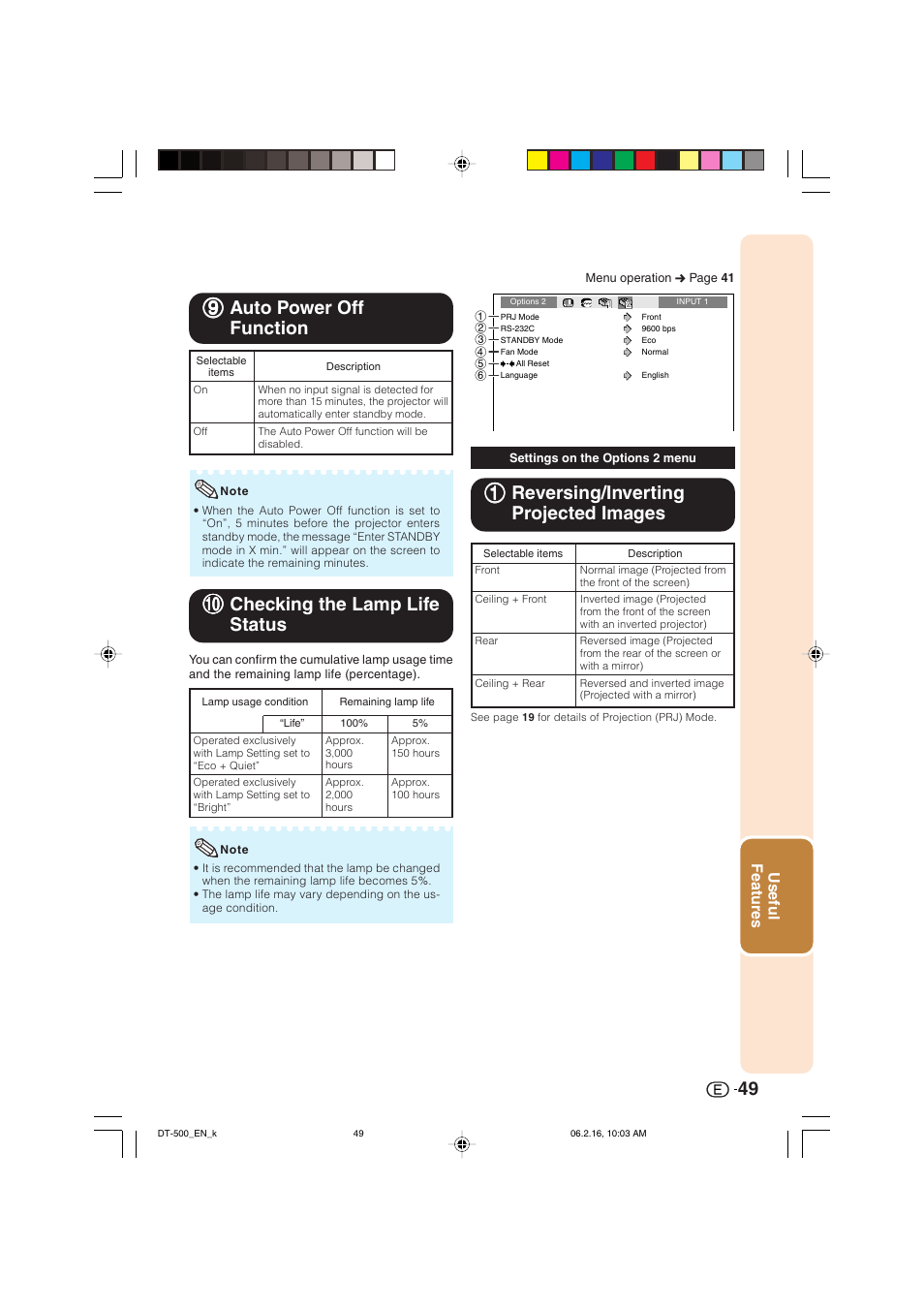 11 reversing/inverting projected images, 99 auto power off function, 00 checking the lamp life status | Useful features | Sharp DT-500 User Manual | Page 50 / 66