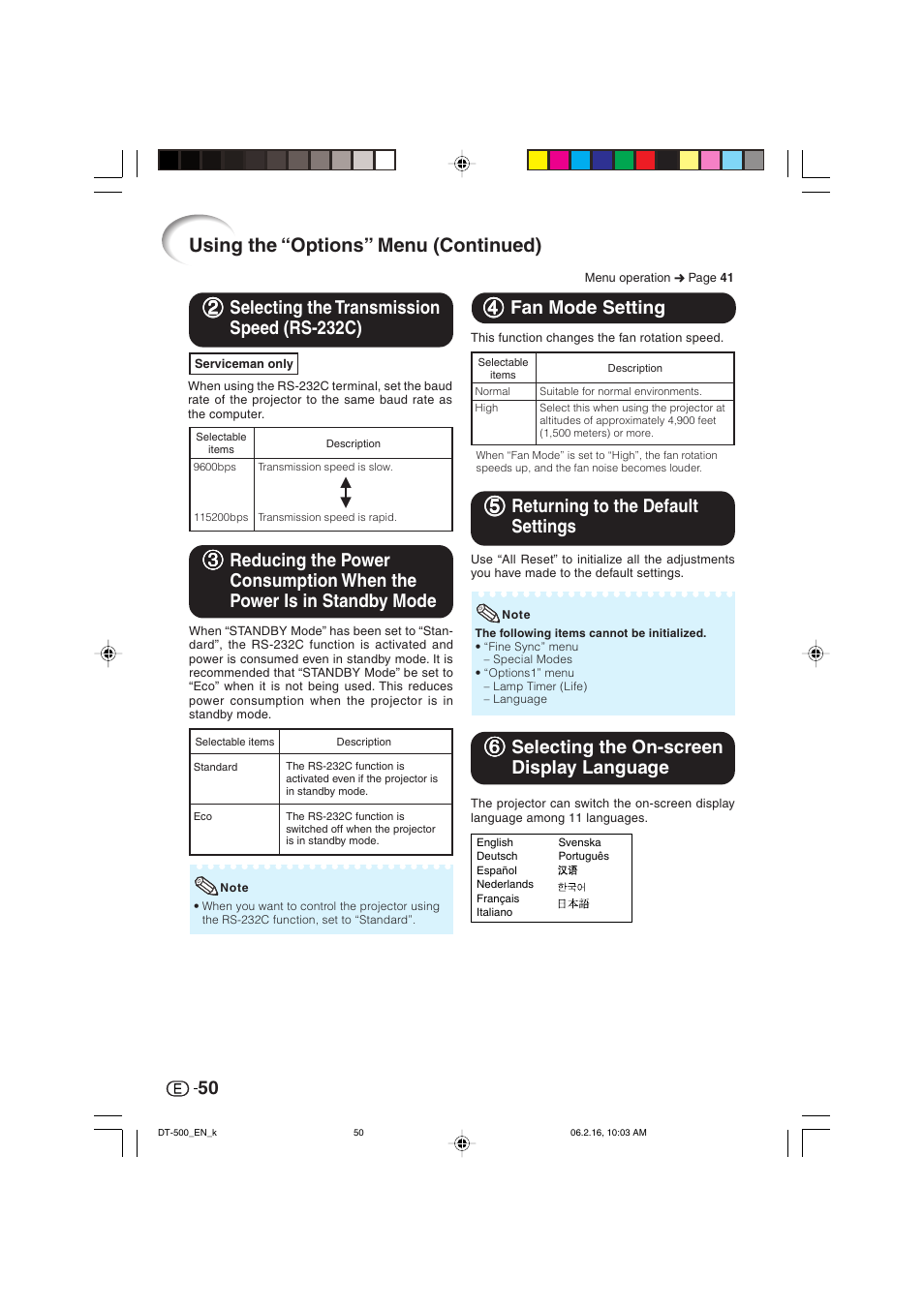 Using the “options” menu (continued), 55 returning to the default settings, 66 selecting the on-screen display language | Sharp DT-500 User Manual | Page 51 / 66