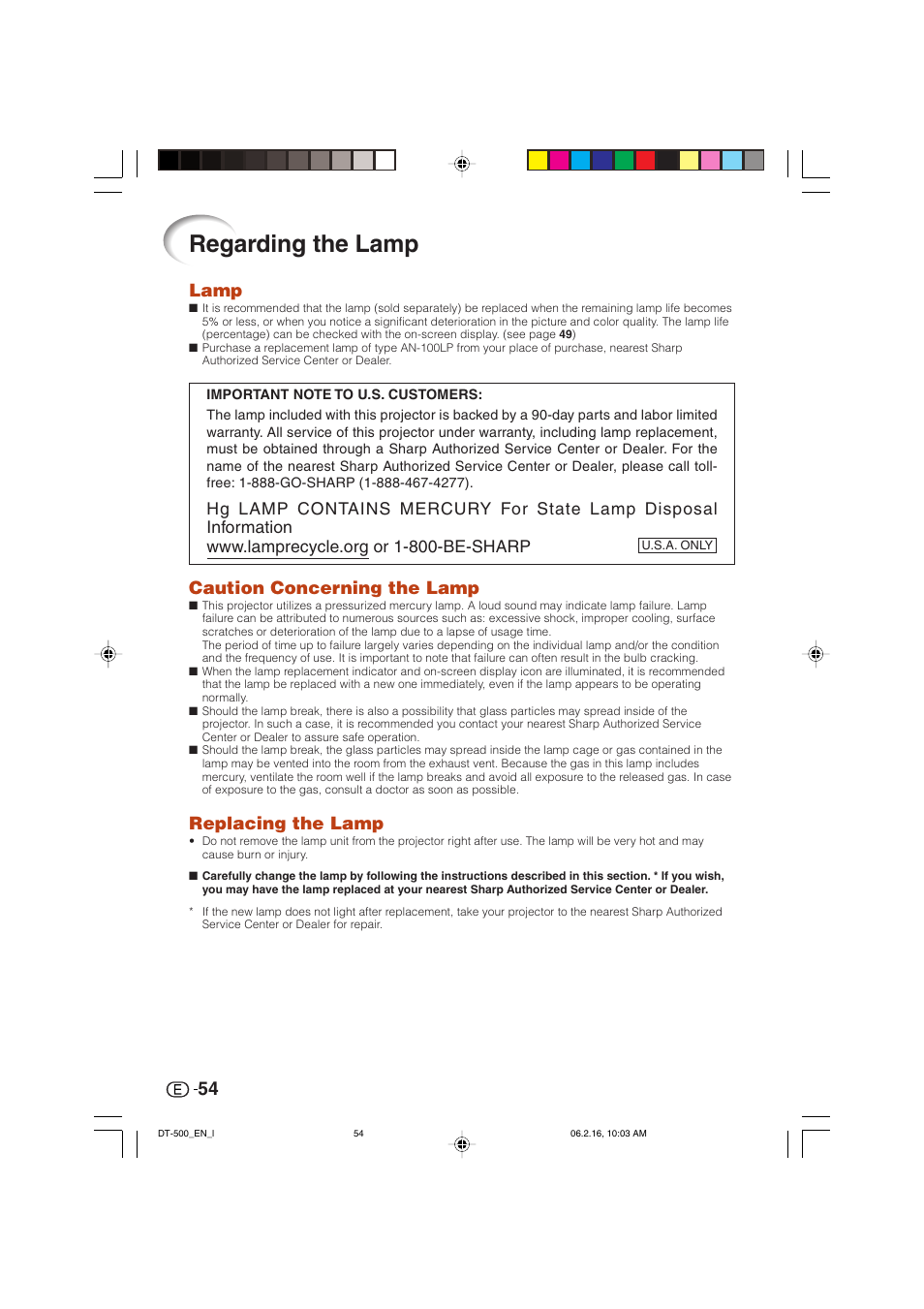 Regarding the lamp, Lamp, Caution concerning the lamp | Replacing the lamp | Sharp DT-500 User Manual | Page 55 / 66