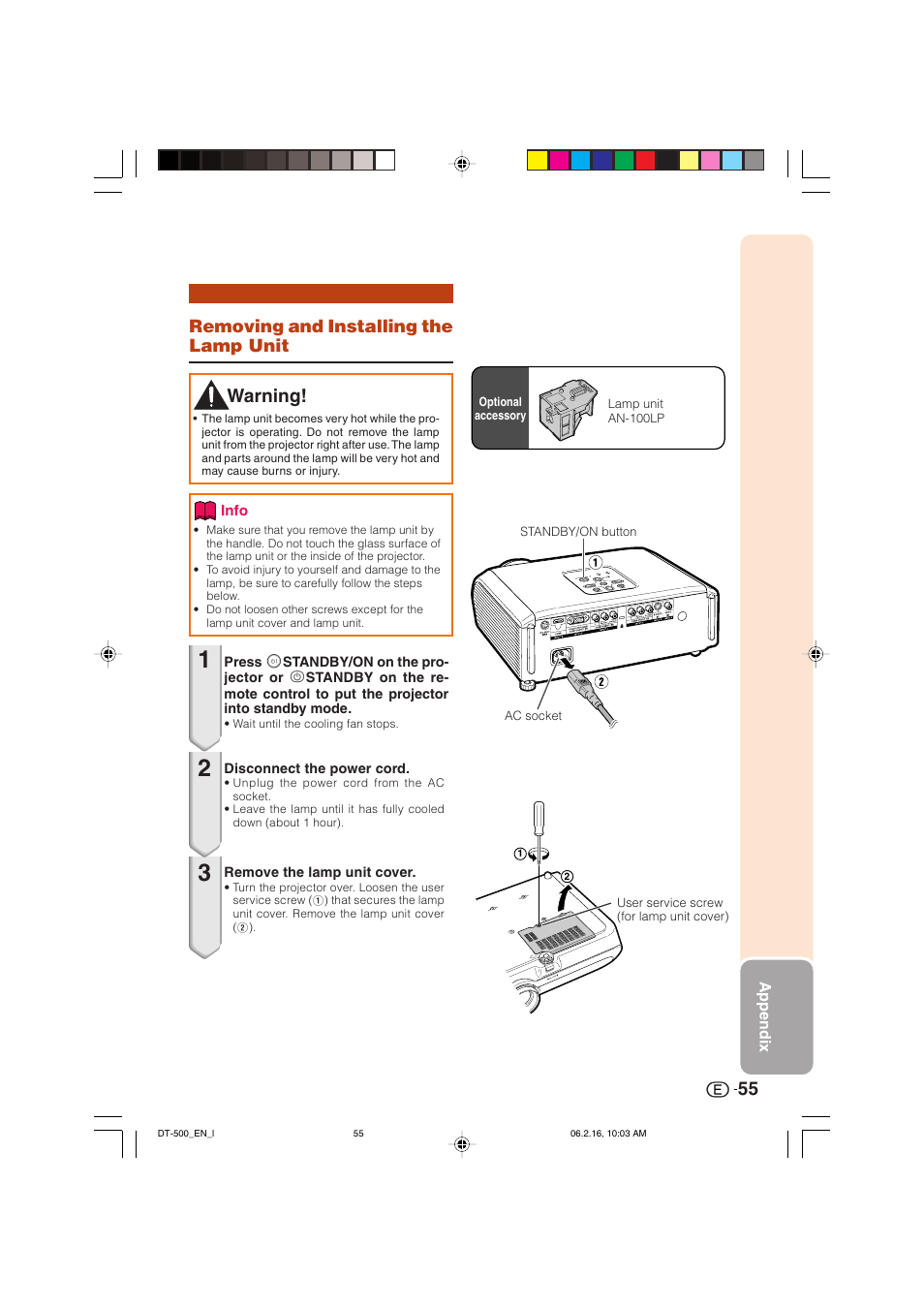 Warning, Removing and installing the lamp unit | Sharp DT-500 User Manual | Page 56 / 66
