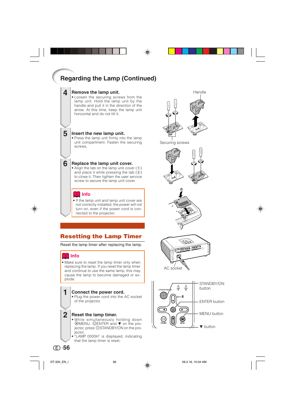 Regarding the lamp (continued), Resetting the lamp timer | Sharp DT-500 User Manual | Page 57 / 66