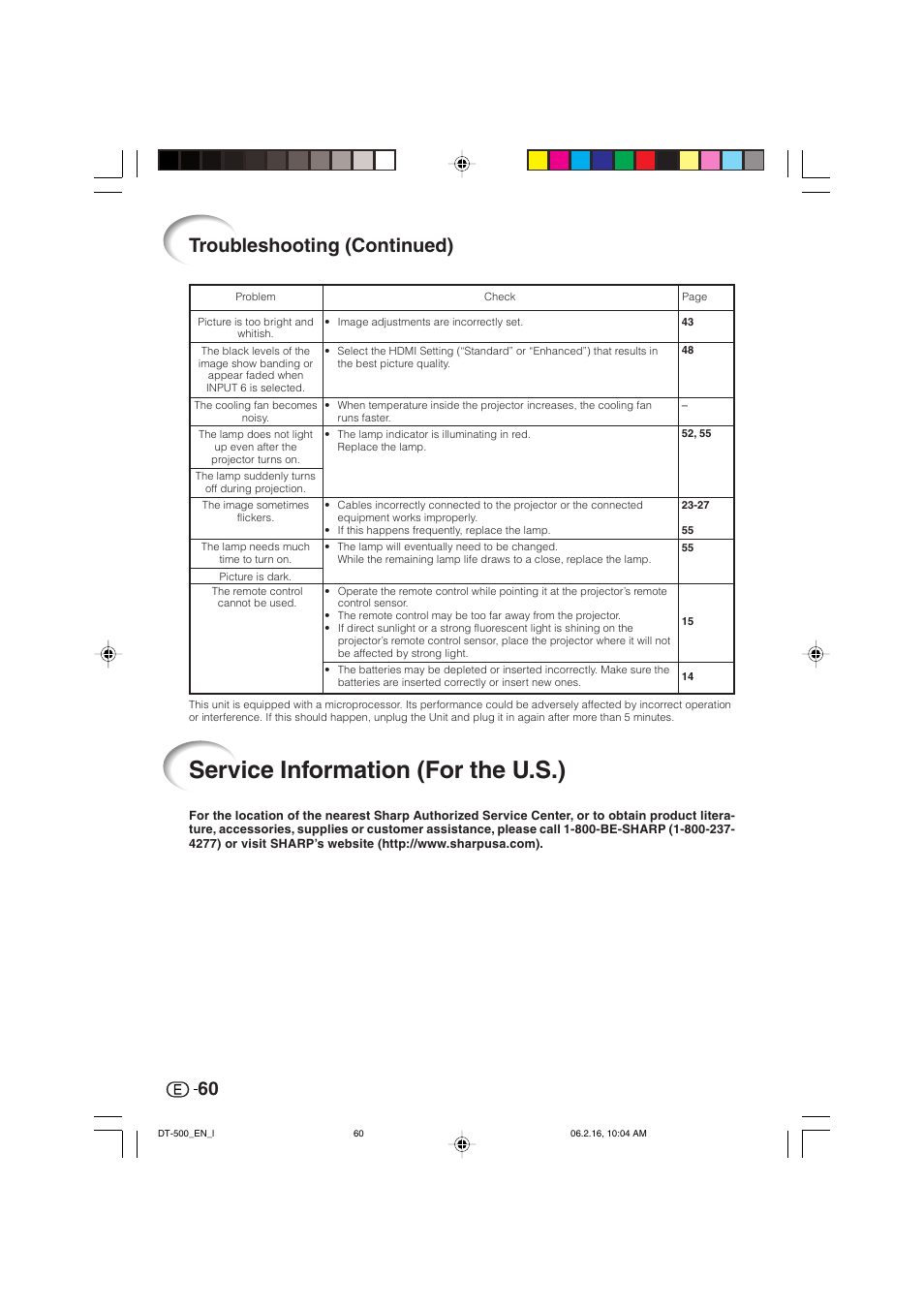 Service information (for the u.s.), Troubleshooting (continued) | Sharp DT-500 User Manual | Page 61 / 66