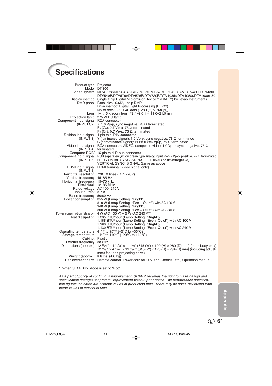 Specifications, Appendix | Sharp DT-500 User Manual | Page 62 / 66