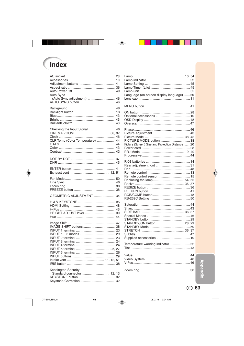 Index, Appendix | Sharp DT-500 User Manual | Page 64 / 66