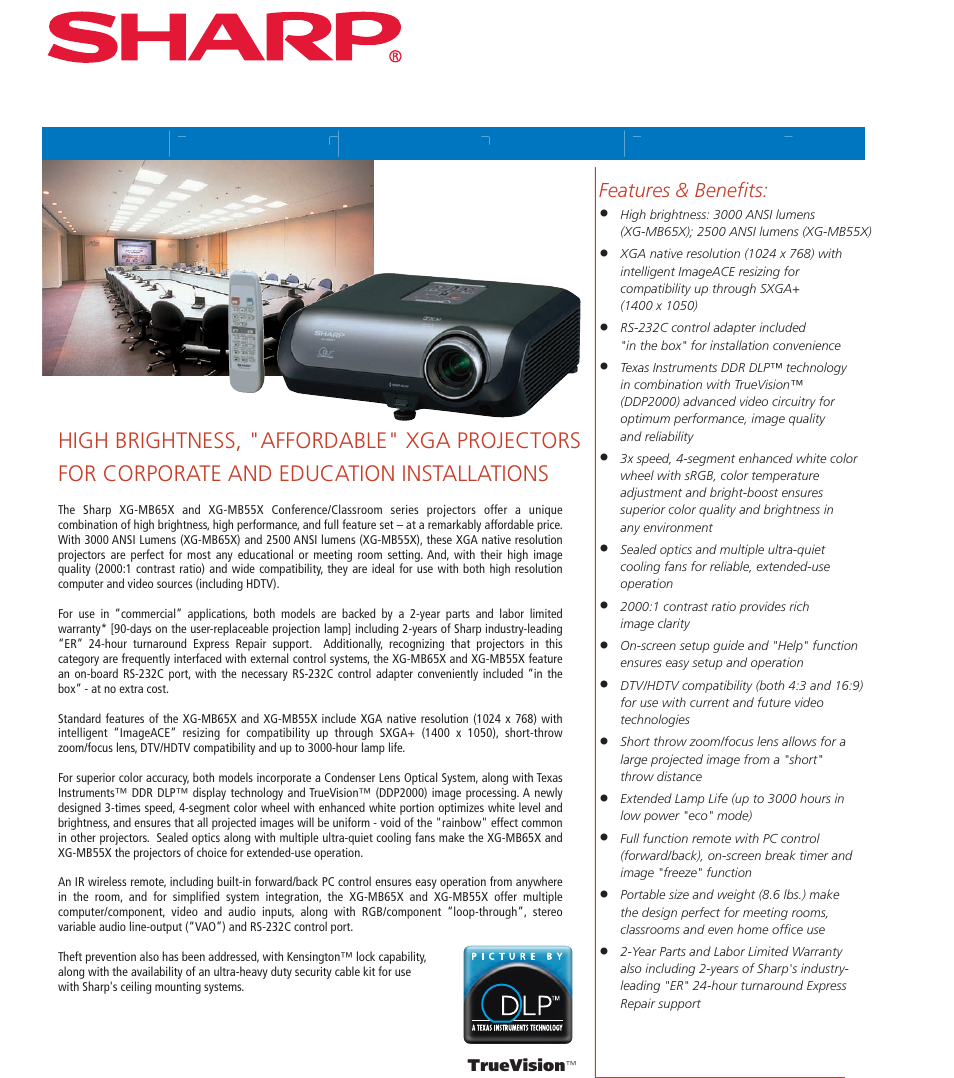 Sharp XGA Conference / Classroom Multimedia Projectors XG-MB65X User Manual | 2 pages
