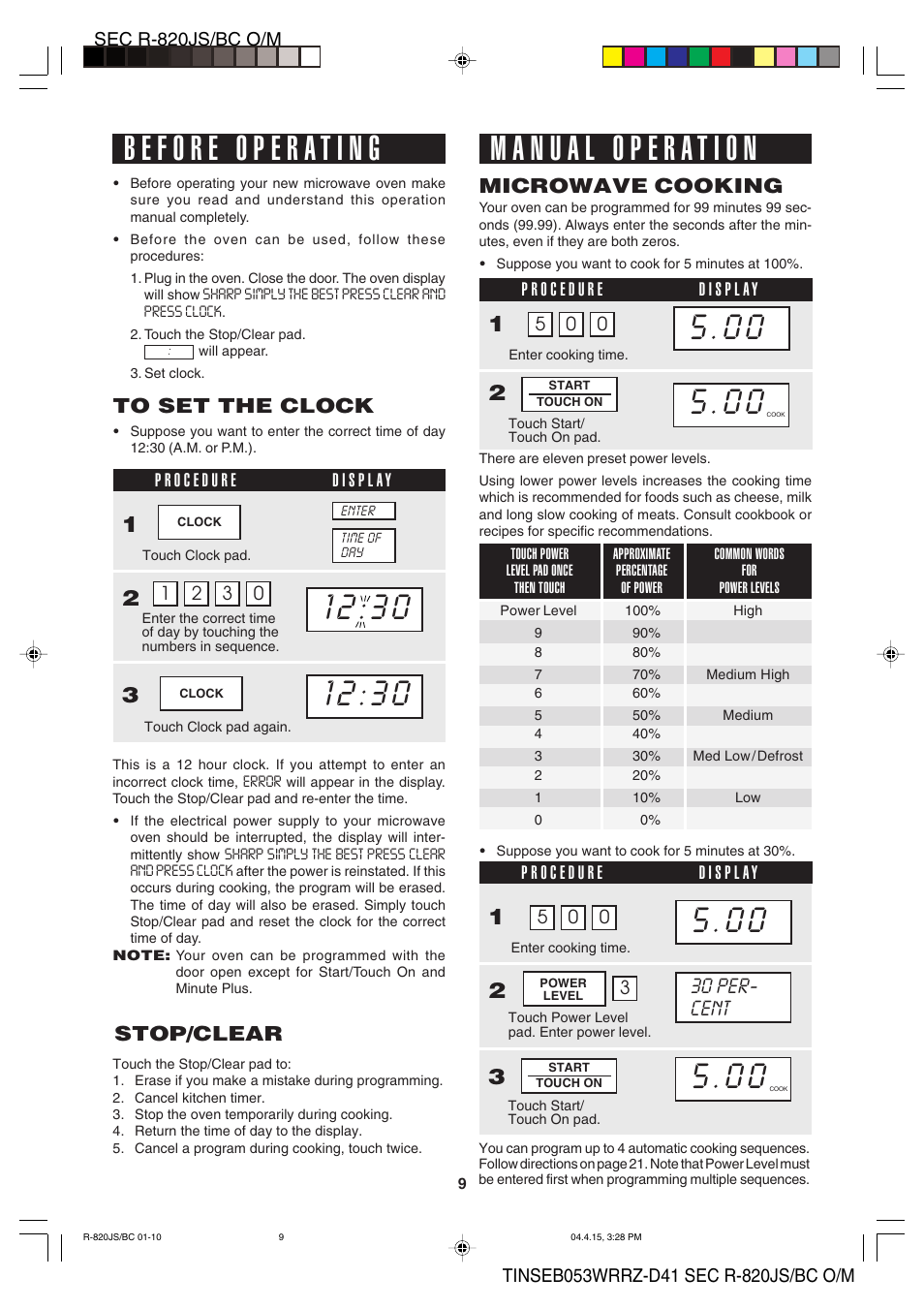 Stop/clear, Microwave cooking | Sharp R-820BC User Manual | Page 12 / 47