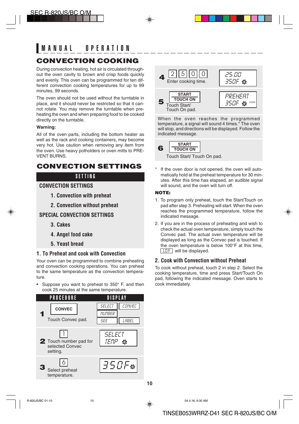 3 5 0 f, Convection cooking, Convection settings | Sharp R-820BC User Manual | Page 13 / 47