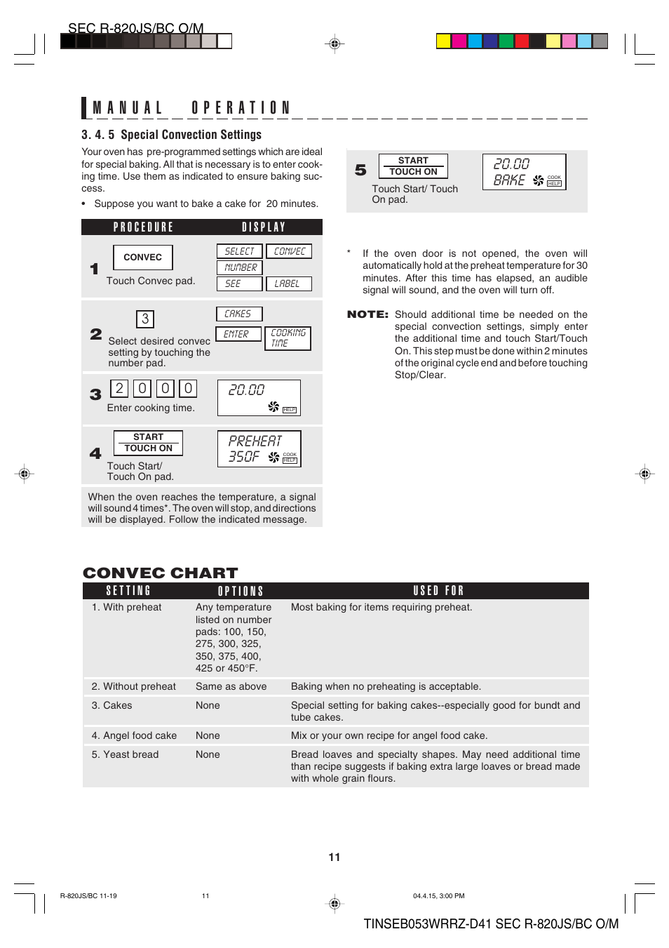 Convec chart, 00 bake | Sharp R-820BC User Manual | Page 14 / 47