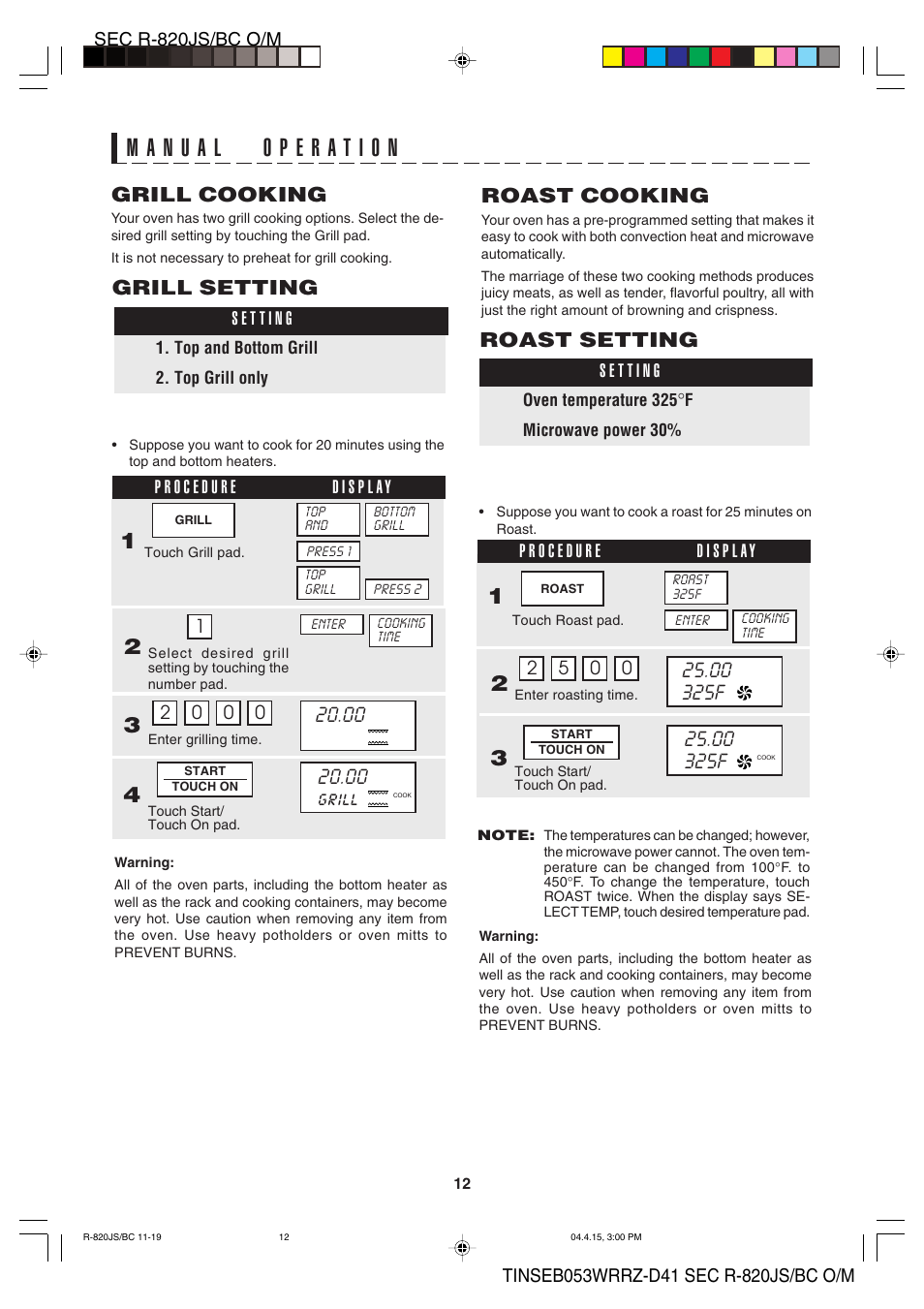 Grill cooking, Grill setting, Roast cooking | Roast setting | Sharp R-820BC User Manual | Page 15 / 47