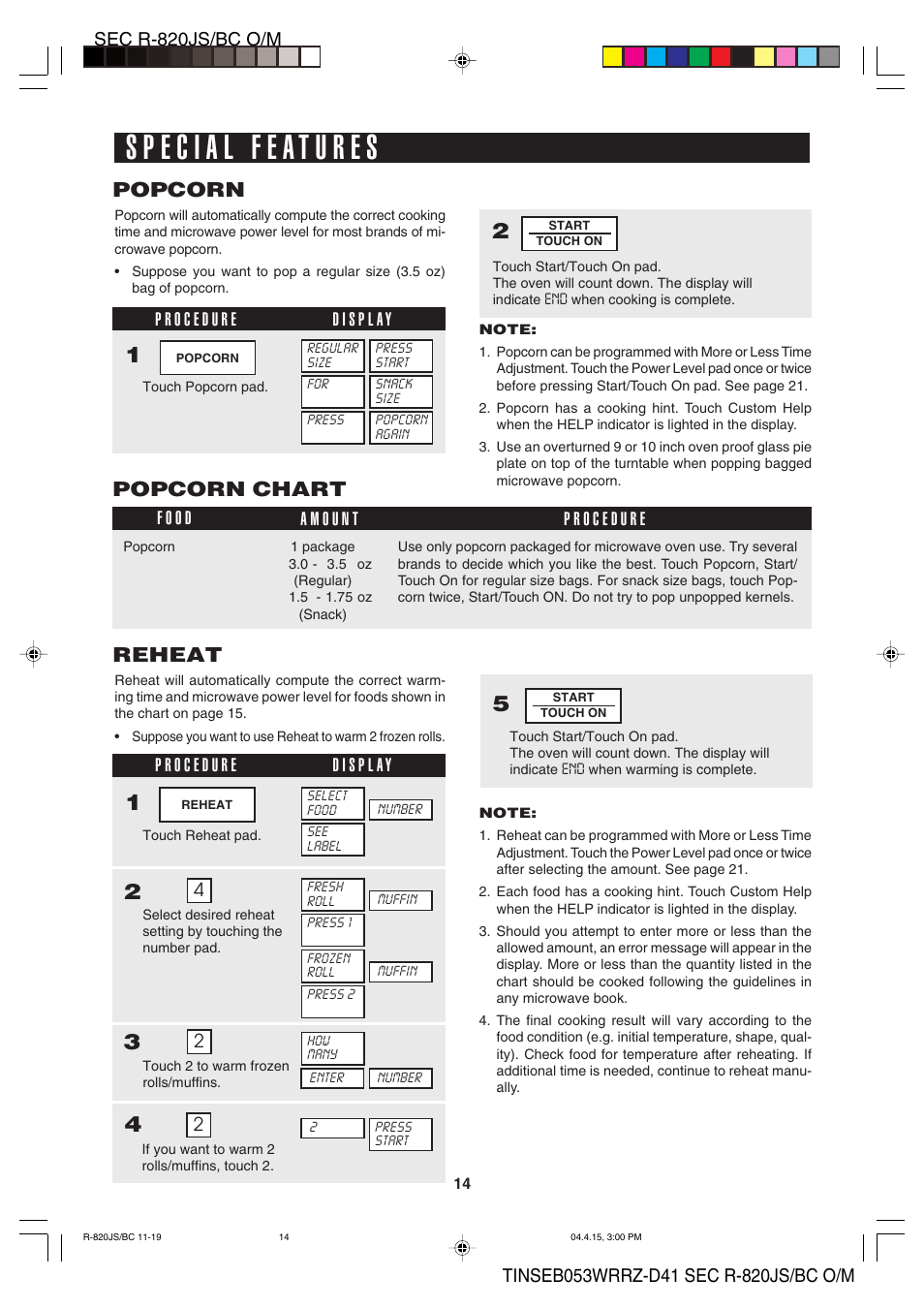 Popcorn, Popcorn chart, Reheat | Sharp R-820BC User Manual | Page 17 / 47