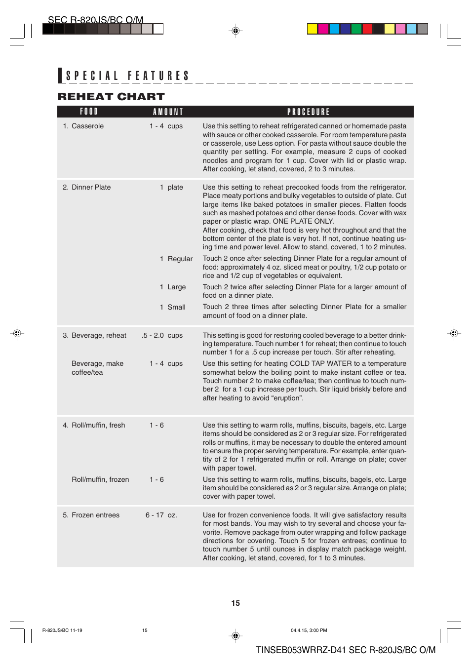 Reheat chart | Sharp R-820BC User Manual | Page 18 / 47