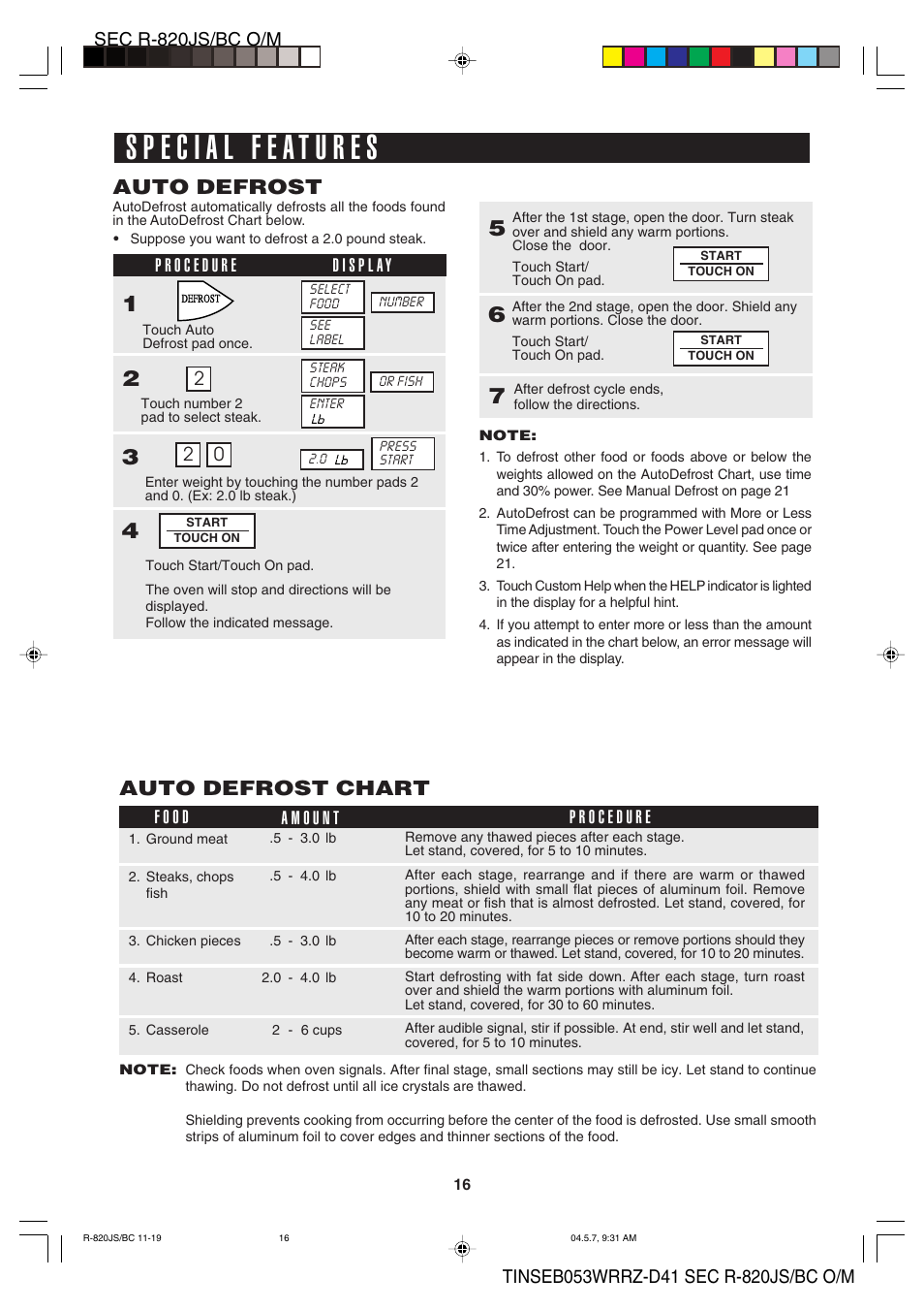 Auto defrost, Auto defrost chart | Sharp R-820BC User Manual | Page 19 / 47