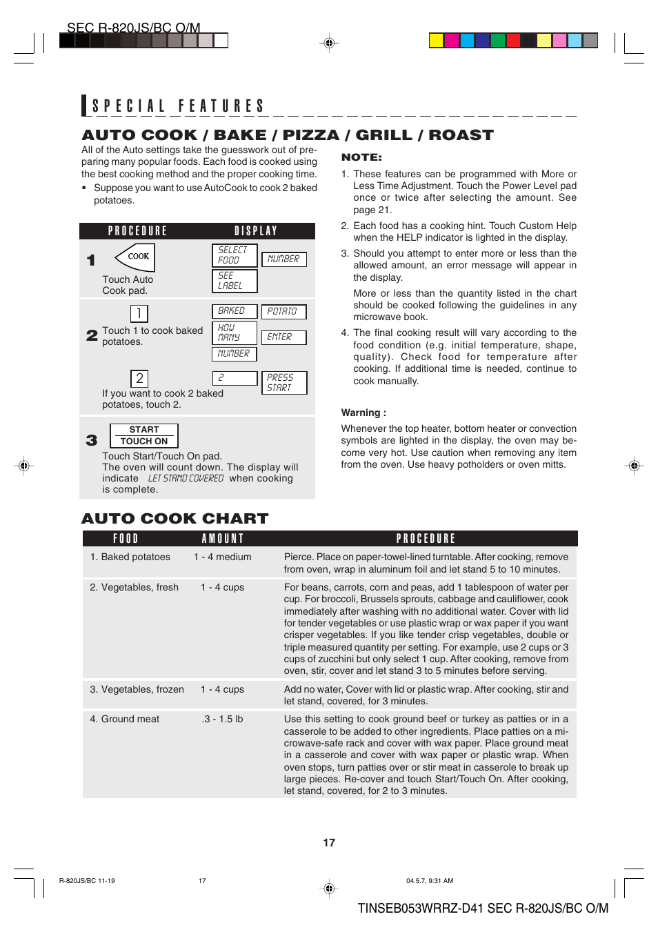 Auto cook / bake / pizza / grill / roast, Auto cook chart | Sharp R-820BC User Manual | Page 20 / 47