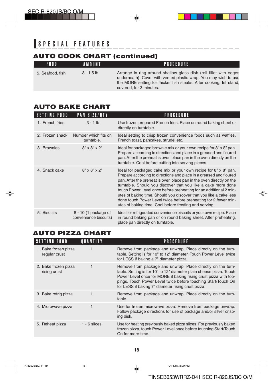 Auto bake chart, Auto pizza chart, Auto cook chart (continued) | Sharp R-820BC User Manual | Page 21 / 47