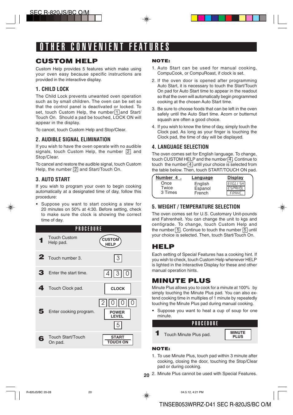 Custom help, Help, Minute plus | Sharp R-820BC User Manual | Page 23 / 47