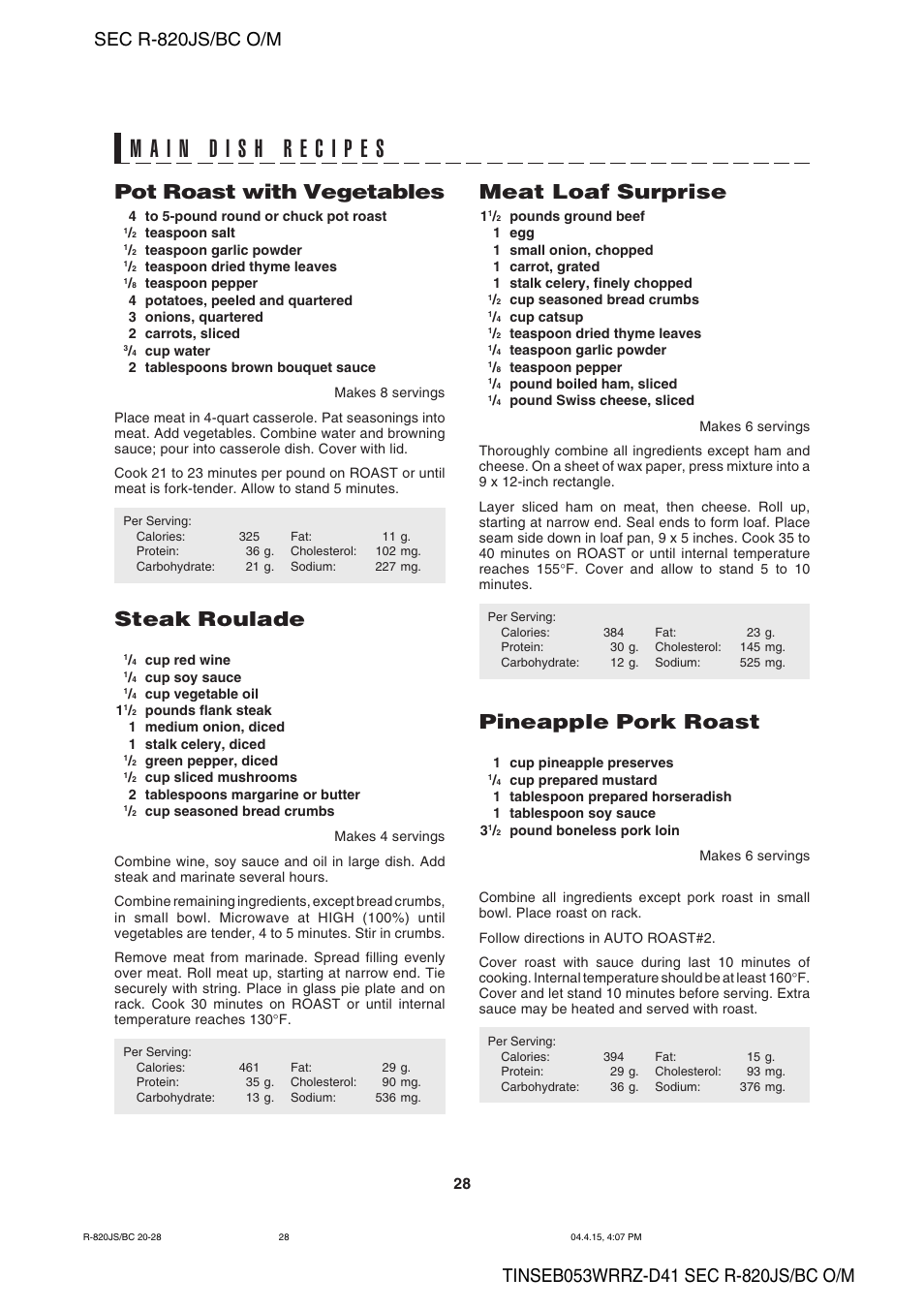 Pot roast with vegetables, Steak roulade, Meat loaf surprise | Pineapple pork roast | Sharp R-820BC User Manual | Page 31 / 47