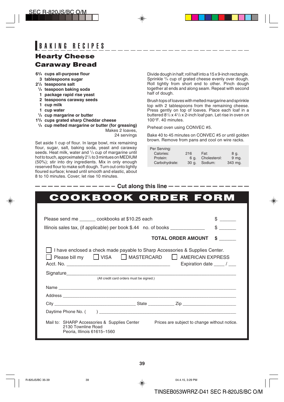 Cookbook order form, Hearty cheese caraway bread, Cut along this line | Sharp R-820BC User Manual | Page 42 / 47