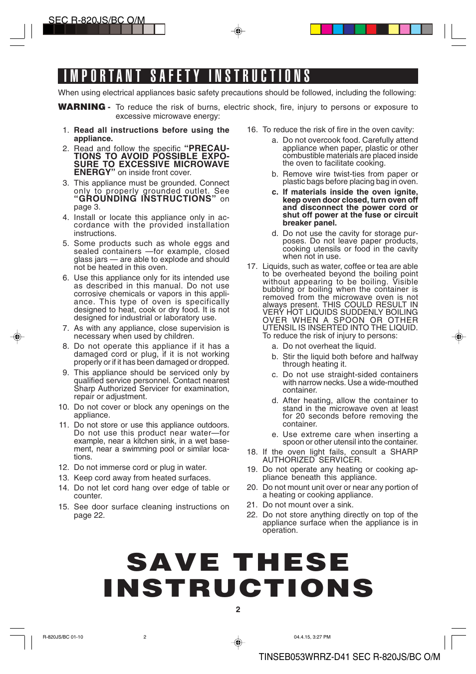 Save these instructions | Sharp R-820BC User Manual | Page 5 / 47