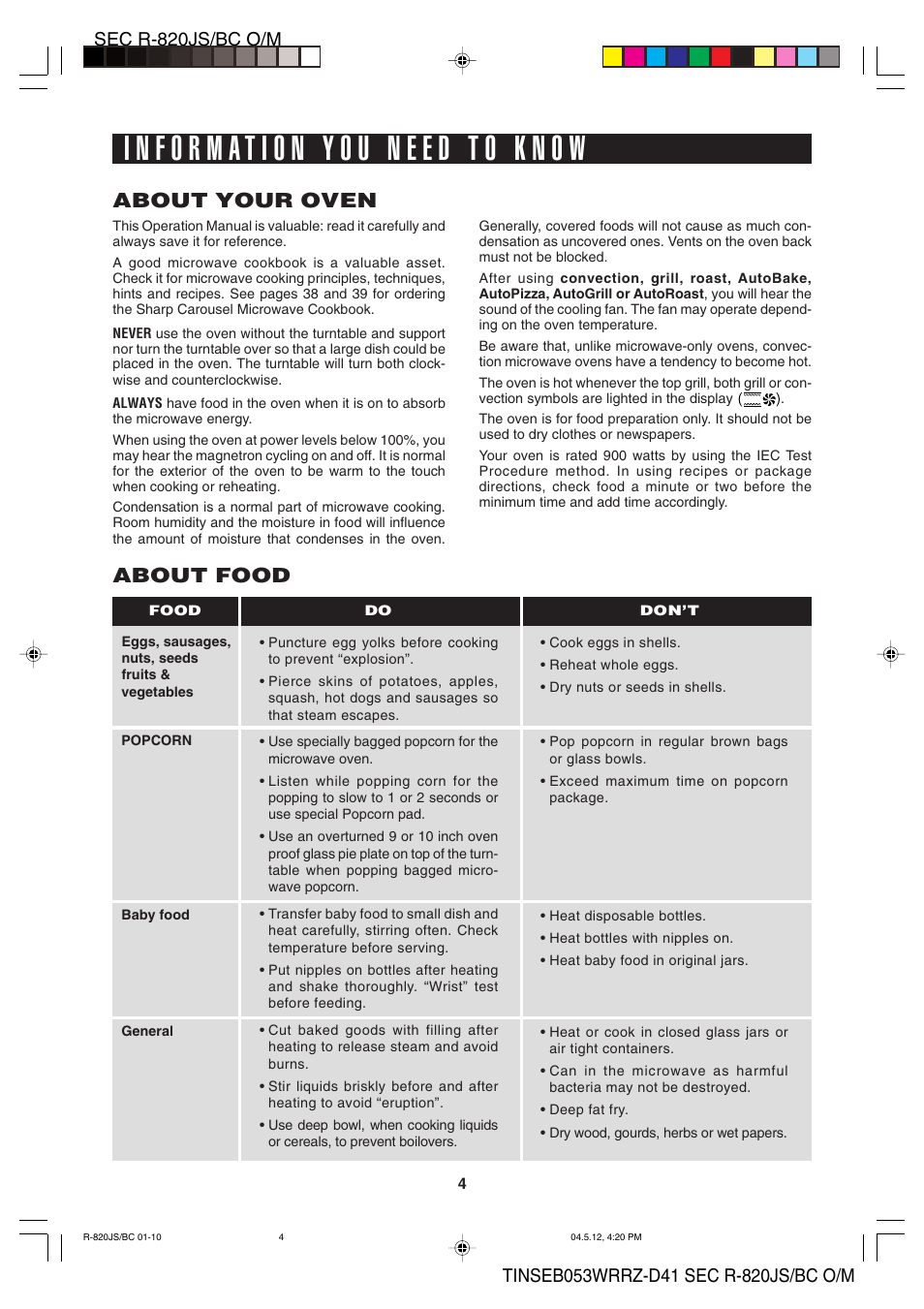 About your oven, About food | Sharp R-820BC User Manual | Page 7 / 47