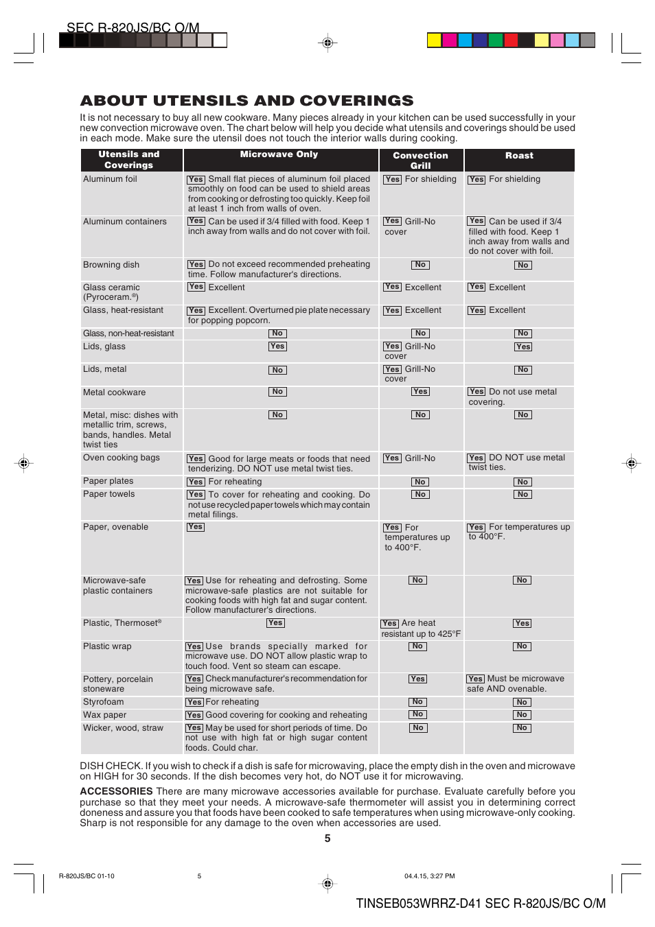 About utensils and coverings | Sharp R-820BC User Manual | Page 8 / 47