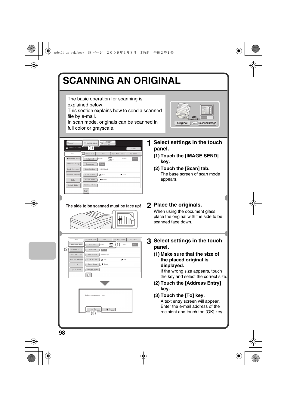 Scanning an original, Select settings in the touch panel, Place the originals | The base screen of scan mode appears, The side to be scanned must be face up | Sharp TINSE4377FCZZ User Manual | Page 100 / 144
