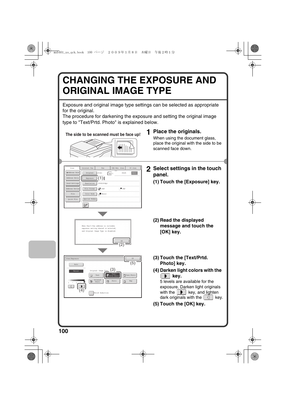 Changing the exposure and original image type, Place the originals, Select settings in the touch panel | 5) touch the [ok] key, The side to be scanned must be face up | Sharp TINSE4377FCZZ User Manual | Page 102 / 144