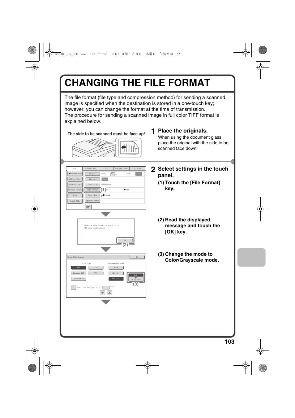 Changing the file format, Place the originals, Select settings in the touch panel | The side to be scanned must be face up | Sharp TINSE4377FCZZ User Manual | Page 105 / 144