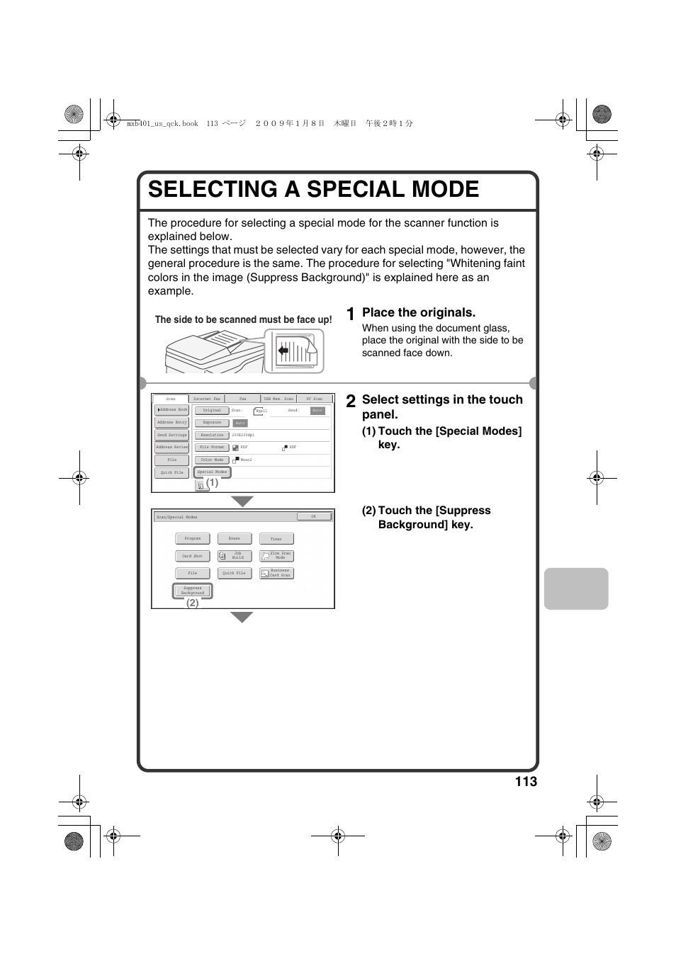 Selecting a special mode, Place the originals, Select settings in the touch panel | The side to be scanned must be face up | Sharp TINSE4377FCZZ User Manual | Page 115 / 144
