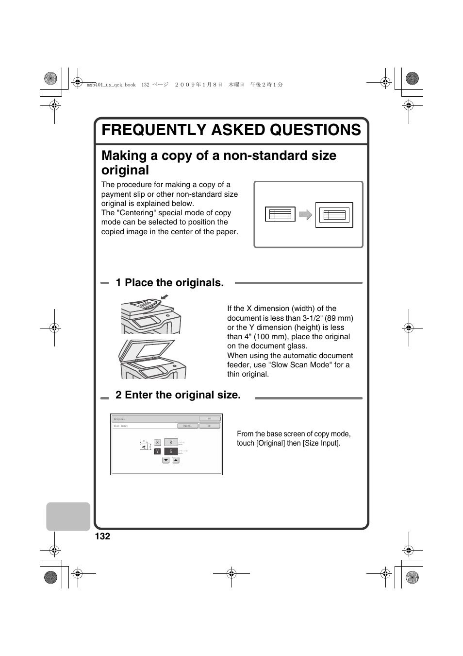 Frequently asked questions, Making a copy of a non-standard size original, 1 place the originals. 2 enter the original size | Sharp TINSE4377FCZZ User Manual | Page 134 / 144