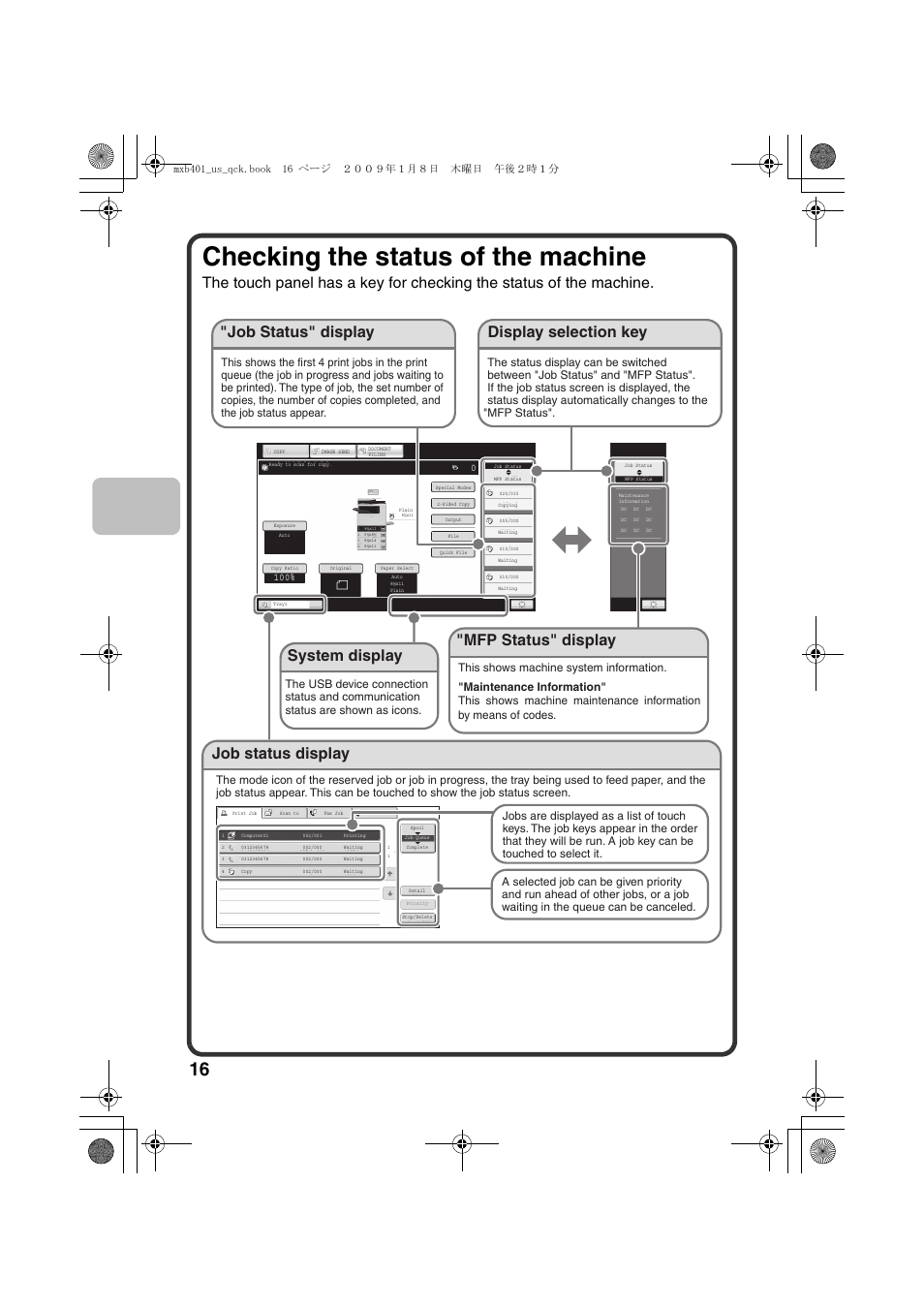 Checking the status of the machine, System display | Sharp TINSE4377FCZZ User Manual | Page 18 / 144
