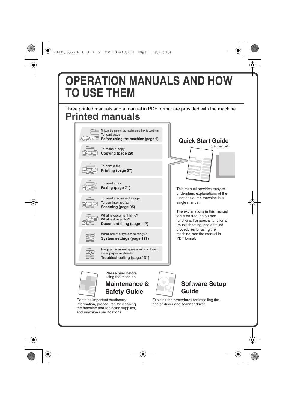 Operation manuals and how to use them, Printed manuals, Quick start guide | Software setup guide, Maintenance & safety guide | Sharp TINSE4377FCZZ User Manual | Page 2 / 144