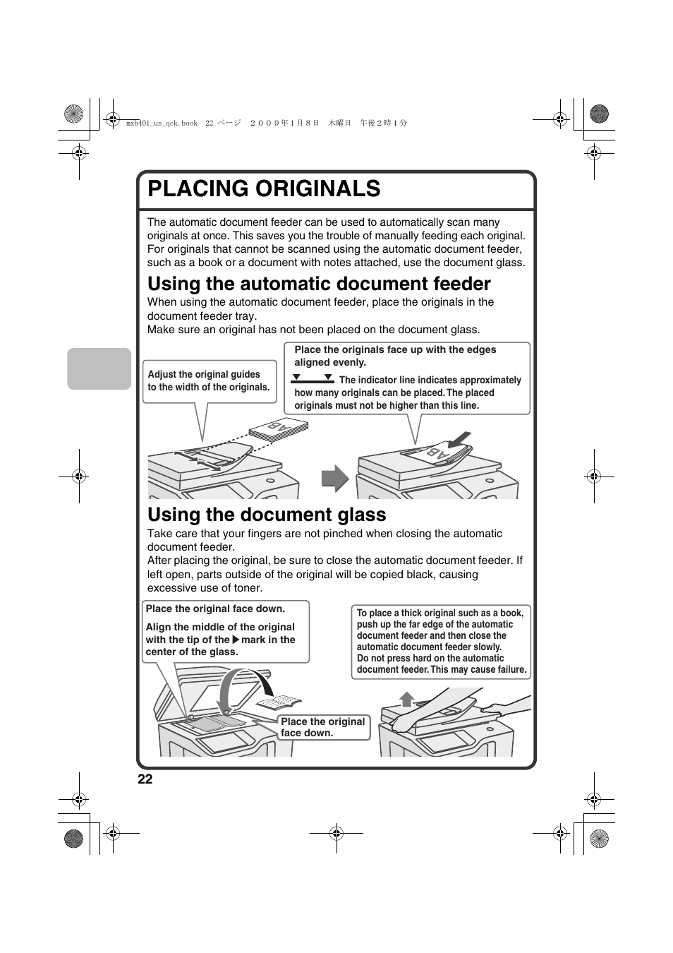 Placing originals, Using the automatic document feeder, Using the document glass | Sharp TINSE4377FCZZ User Manual | Page 24 / 144