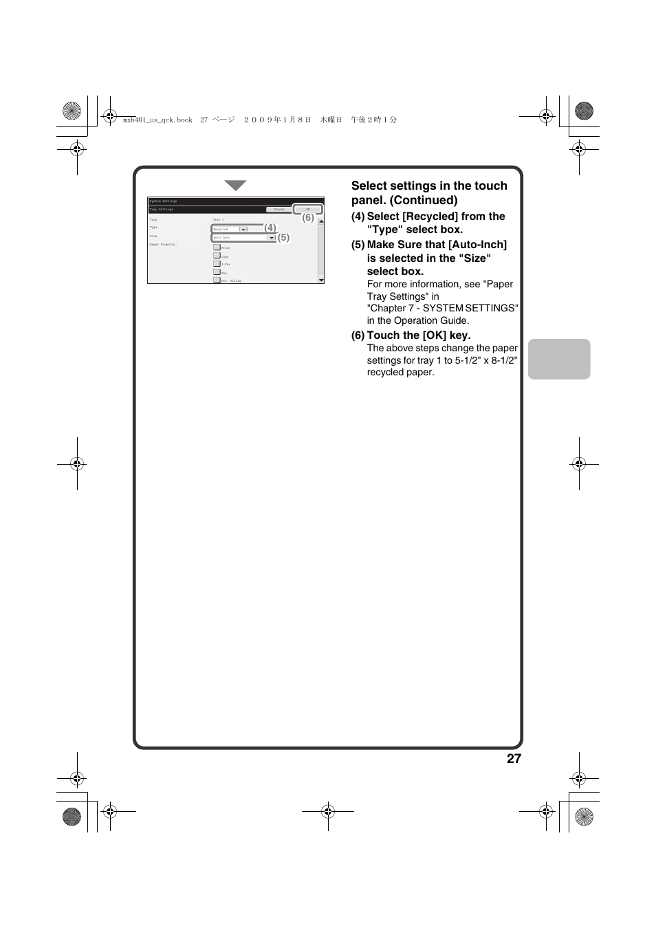 Select settings in the touch panel. (continued), 6) touch the [ok] key | Sharp TINSE4377FCZZ User Manual | Page 29 / 144