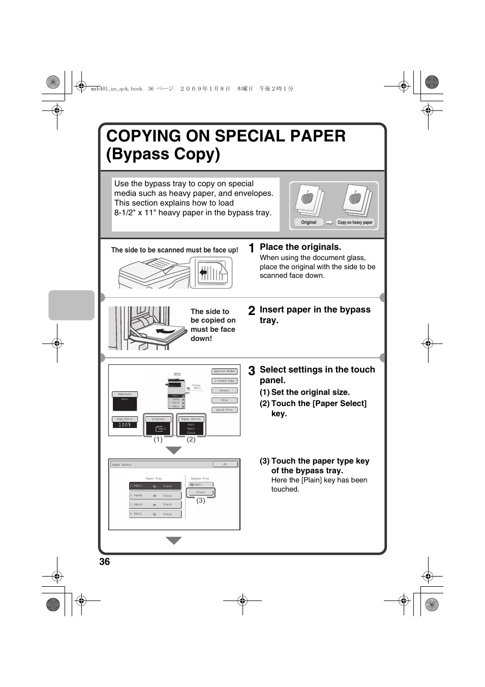 Copying on special paper (bypass copy), Place the originals, Insert paper in the bypass tray | Select settings in the touch panel, Here the [plain] key has been touched | Sharp TINSE4377FCZZ User Manual | Page 38 / 144